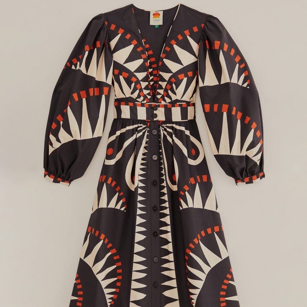 Farm Rio Black Coconut Grove Puff Sleeve Maxi Dress